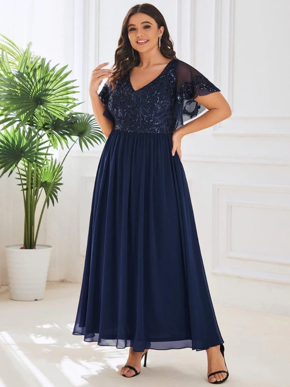 Ever Pretty Navy Beaded V-Neck Maxi Dress with Sheer Flutter Sleeves